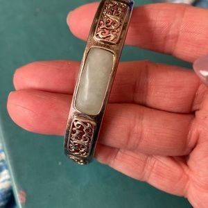 Sterling Silver jade stone inset cuff Size Small  vintage